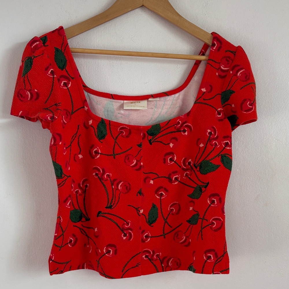 Anthropologie Red Cherry Print Crop Top